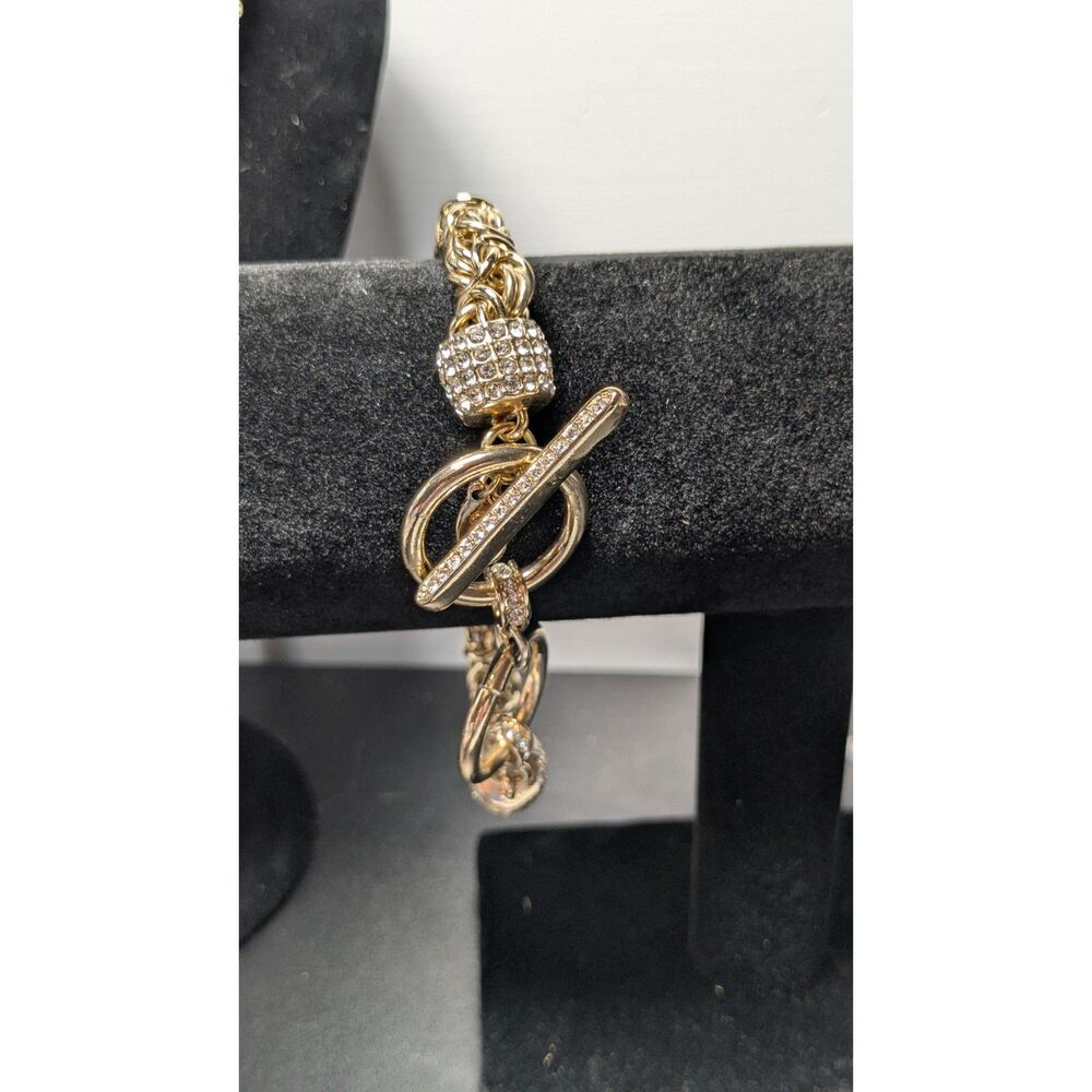 White Crystal Gold Tone 8mm Byzantine Link Bracelet
